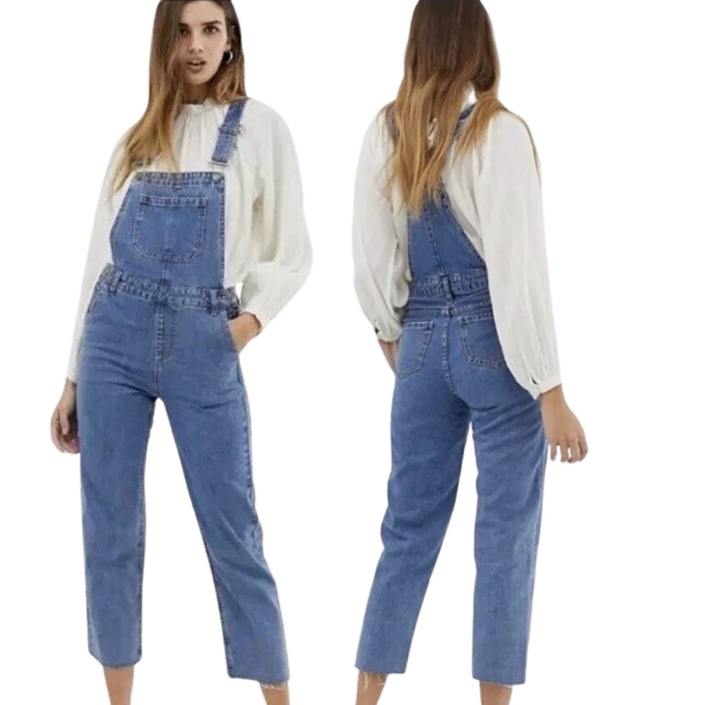 Urban Bliss straight-leg denim bib overalls, medium blue wash, women’s size 10